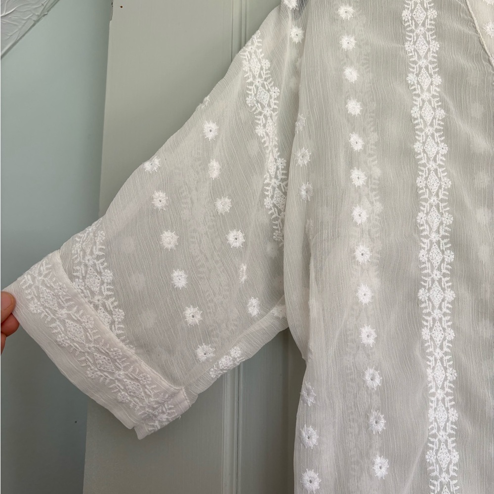 Olive & Oak Sheer White Floral Lace Embroidered Short Sleeve Blouse S - Picture 3 of 6
